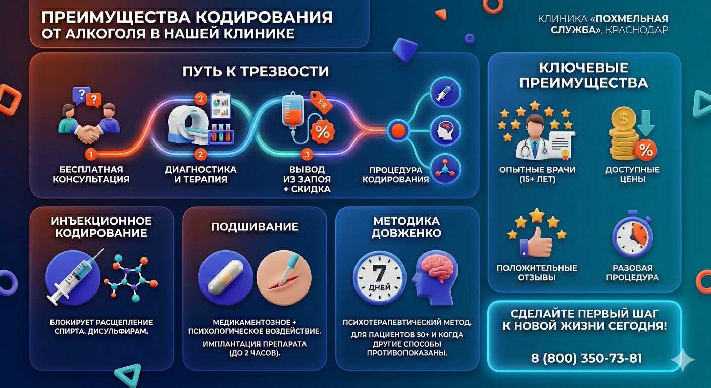 Инфографика о методах кодирования от алкоголя в Кремёнках: инъекции, подшивание, метод Довженко. Преимущества клиники и этапы лечения.