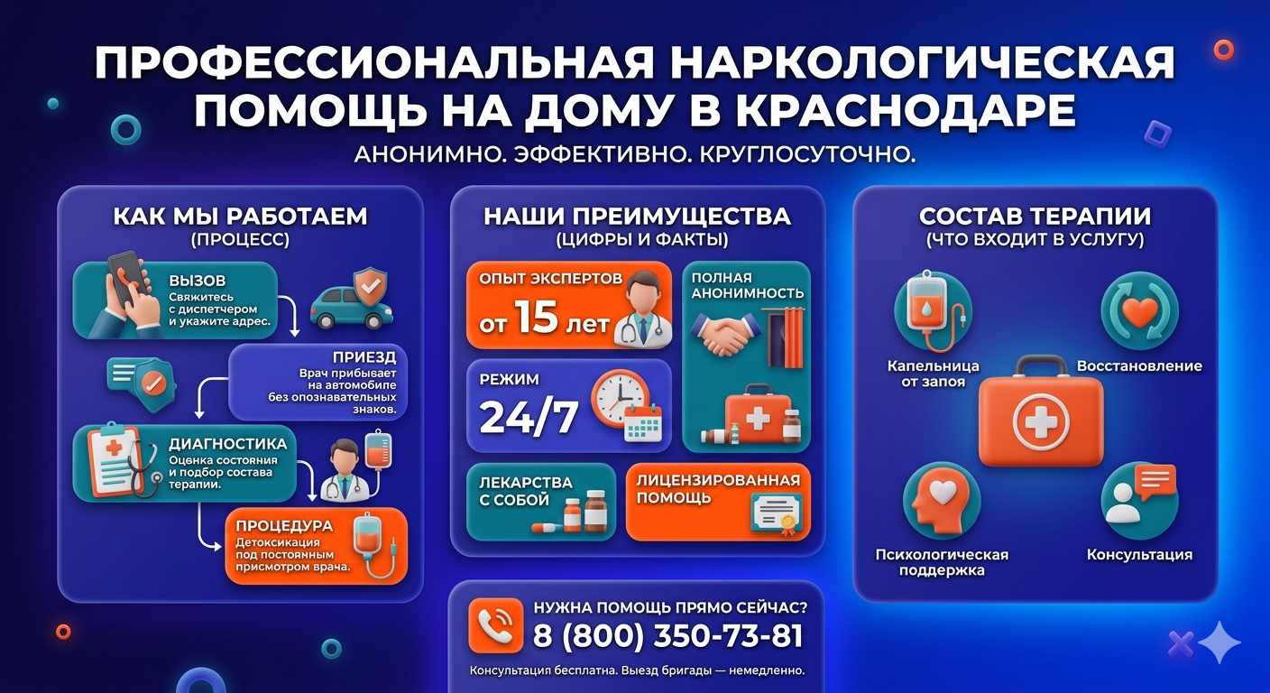 Инфографика о принципах лечения алкоголизма на дому в Кремёнках: этапы вызова нарколога, преимущества анонимной детоксикации и состав медицинской помощи.
